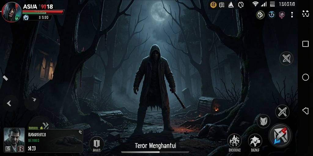 Screenshot gameplay menegangkan dari ASIA918 dengan suasana horror yang mencekam.