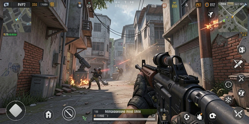Screenshot utama menunjukkan aksi seru dalam gameplay FPS RVIP2.